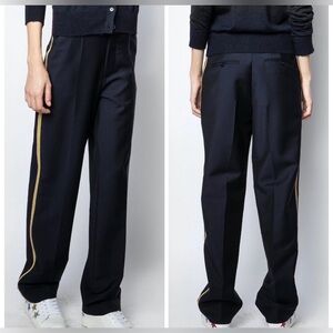Zadig & Voltaire Peter Tailleur Militaire Navy Wool Mohair Gold Stripe Pants 34